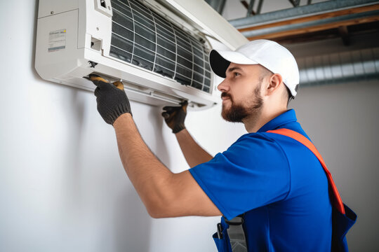 HVAC technician installing a mini split air conditioner in Los Altos