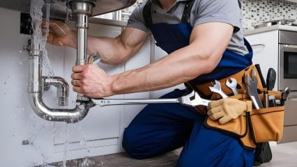 Plumber repairing pipes beneath a sink in Los Altos